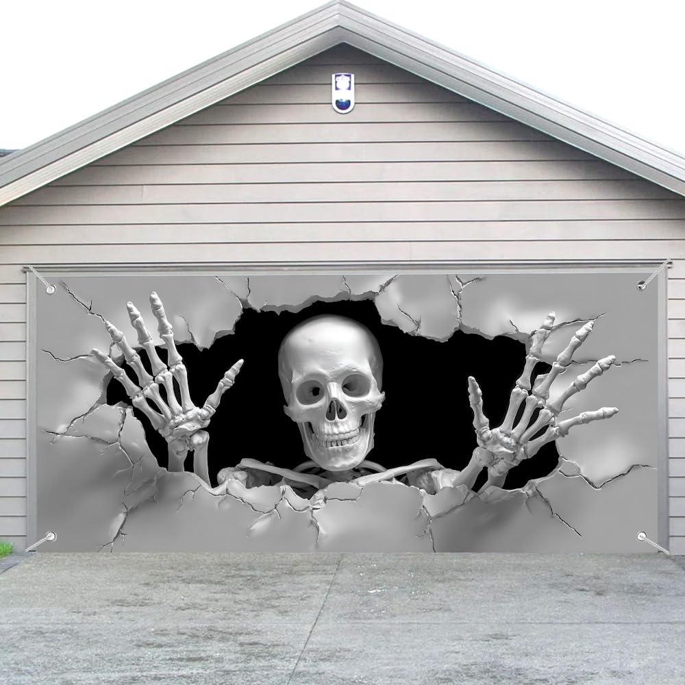 WDESYADMS Skeleton Garage Door Cover 157.48 × 70.87 Inch Scary 3D Cracked Wall Skeleton Garage Door Decoration for Outdoor Halloween Party Yard Home Decor