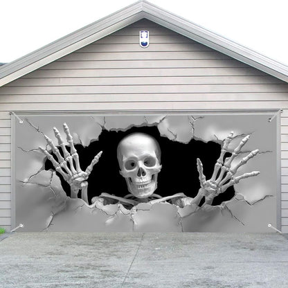 WDESYADMS Skeleton Garage Door Cover 157.48 × 70.87 Inch Scary 3D Cracked Wall Skeleton Garage Door Decoration for Outdoor Halloween Party Yard Home Decor