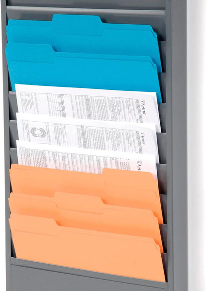 Global Industrial Steel Medical Chart Hanging Wall File Holder, 11 Pockets, Gray, Wall Mounted Magazine and File Folder Holder, 12-1/4"W x 8-3/8"H Pockets