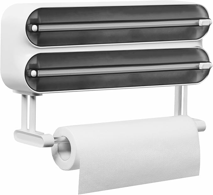 Magnetic Plastic Wrap Dispenser with Cutter - Refillable Tin Foil and Plastic Wrap Organizer for Kitchen, Aluminum Foil Dispenser with Paper Towel Holder Wall Mount - Fits 12" Roll, White