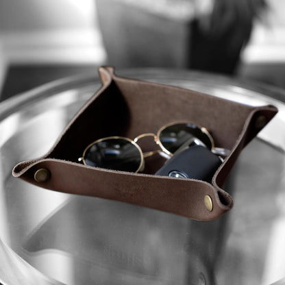Genuine Leather Valet Tray | Desk Organizer | Catchall | Full Grain Leather Tray | Dimensions 6 x 6 x 1.75” Made in the USA