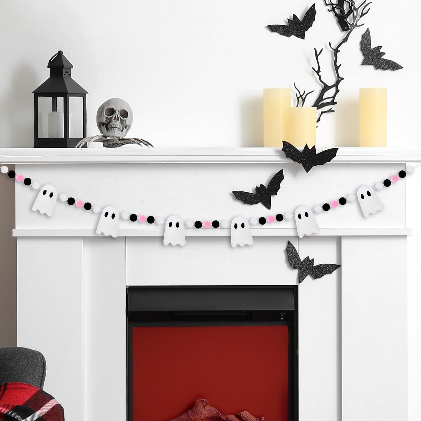 JarThenaAMCS Halloween Felt Banner White 3D Ghost Hanging Garland Black Pink White Pom Ball Banner for Trick or Treat Birthday Home Mantel Wall Window Party Supplies