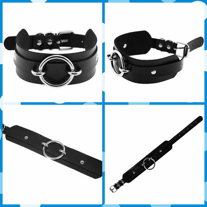 Tosmifairy Black Wide Soft Faux Leather Collar Choker Adjustable Thick PU Necklace and Bracelets Set for Women Men,Circle Ring Charm (Adjusted Neck: 17-21 Inches)