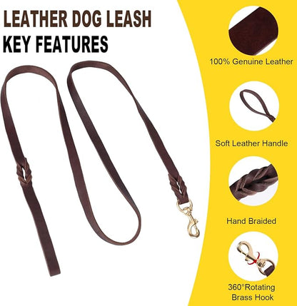 LWBMG 6FT Leather Dog Collar and Leash Set, Heavy Duty Dog Leash and Collar with Metal Buckle,Adjustable Pet Lead and Collar Set, Soft Pet Leash and Collar for Large Dogs Brown