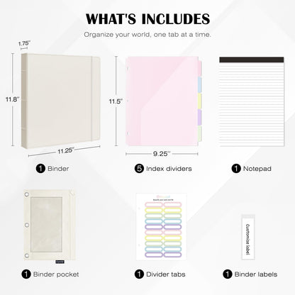 Ospelelf Leather 3 Ring Binder for Letter Size Documents with Pocketed Dividers, 1 Inch Round Rings, Holds 175 Sheets, Binders with Storage Bag & Notepad, for Office School Home Organization, White