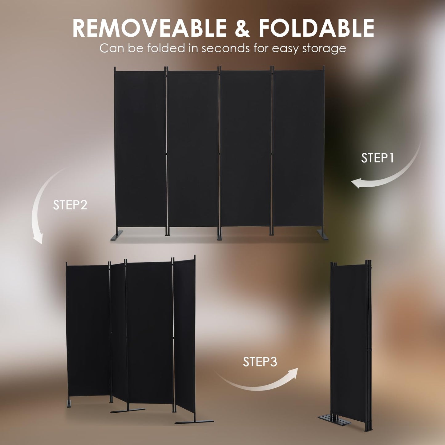 RANTILA 4 Panel Room Divider, 6 FT Folding Privacy Screen with Wide Feet, Freestanding Partition for Room Separation, Portable Room Divider Panel, 89" W x 71" H, Black