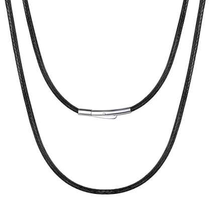 Bestyle 2MM Black Leather Necklace for Men Women,Waterproof Wax Woven Rope Chain with Stainless Steel Clasp, Leather Cord Necklace for Pendants 16"