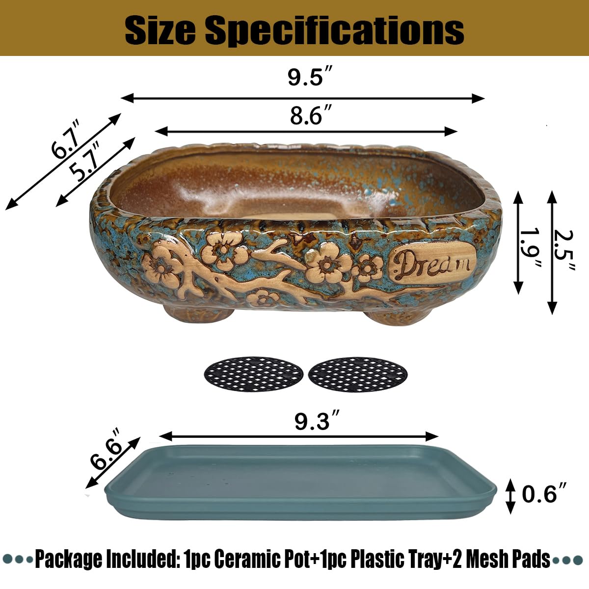 MUZHI 9.5” Rectangular Ceramic Rustic Bonsai Planter Pots with Drip Tray, Glazed Vintage Wide Mouth Shallow Pottery Bonsai Flower Planter Pots with Saucer