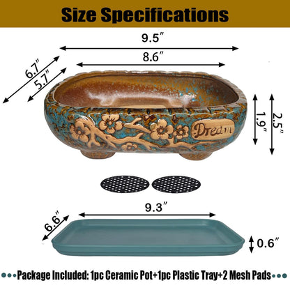 MUZHI 9.5” Rectangular Ceramic Rustic Bonsai Planter Pots with Drip Tray, Glazed Vintage Wide Mouth Shallow Pottery Bonsai Flower Planter Pots with Saucer