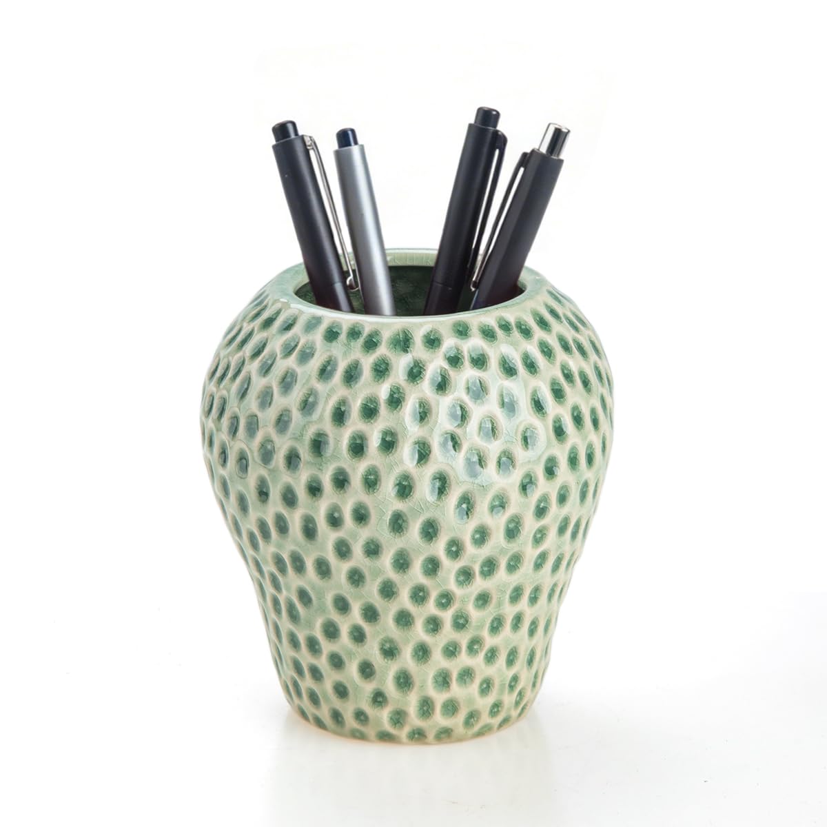 Uhuida Cute Strawberry Pencil Holder for Desk, Large Ceramic Pen Holder & Makeup Brush Holder, Kawaii Strawberry Desk Organizers for Girls Kids Teachers(Green)
