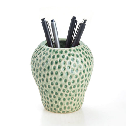 Uhuida Cute Strawberry Pencil Holder for Desk, Large Ceramic Pen Holder & Makeup Brush Holder, Kawaii Strawberry Desk Organizers for Girls Kids Teachers(Green)