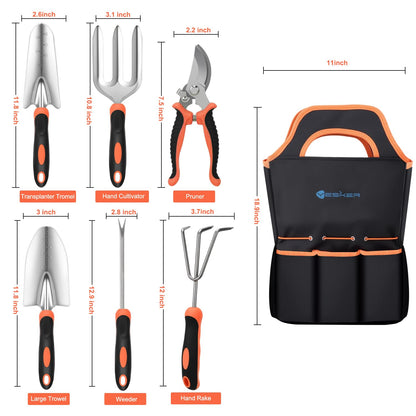 Yesker Gardening Tools 7-Piece Heavy Duty Garden Tool Set Gardening Supplies Gifts for Women Men Gardening Hand Tool Kit with Non-Slip Ergonomic Handle, Garden Bag, Pruning Shears, Black Orange