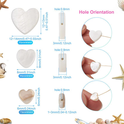 Fashewelry 147pcs Heart Natural Freshwater Shell Loose Beads White Peach Heart Sea Shell Spacer Charm Beads 6mm/8mm/12mm for Jewelry Making