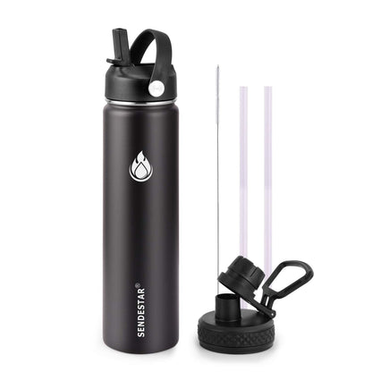 SENDESTAR Insulated Water Bottle 24 OZ, Wide Mouth 24 oz Water Bottle with Straw Lid, Spout Lid, Double Wall Vacuum Stainless Steel Leak Proof, Keeps Liquids Hot or Cold (Black)