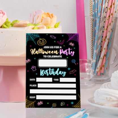 20 Kid Neon Glow Halloween Birthday Party Invitations with Envelopes
