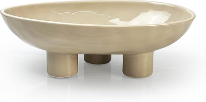 Three-Leg Ceramic Fruit Bowl, 10 Inch Oval Serving Dish for Kitchen Counter, Candy or Key Holder, Home Decor Accent Beige