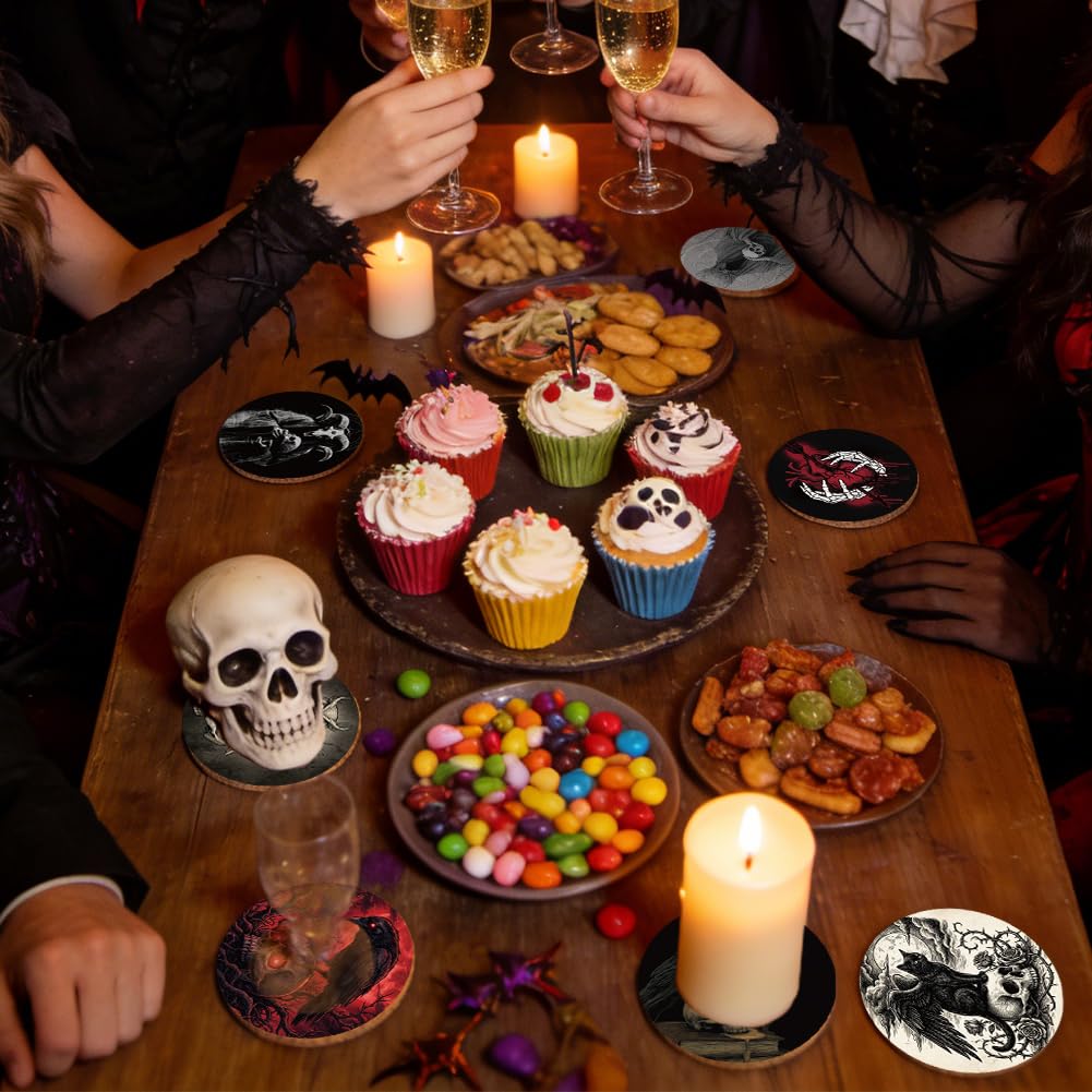SUPERDANT 9 pcs Gothic Wood Coasters Set Skull Raven Black Cat Design Easy Clean Halloween Housewarming Gift for Bar Kitchen 10x10cm