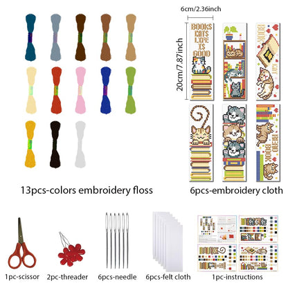 FREEBLOSS 6 Set Cross Stitch Bookmark Kits Cat and Books Bookmarks DIY Stamped Embroidery Bookmark Kit for Beginner Cross Stitch Kit DIY Embroidery Bookmarks Crossstitch Projects for Book Lovers