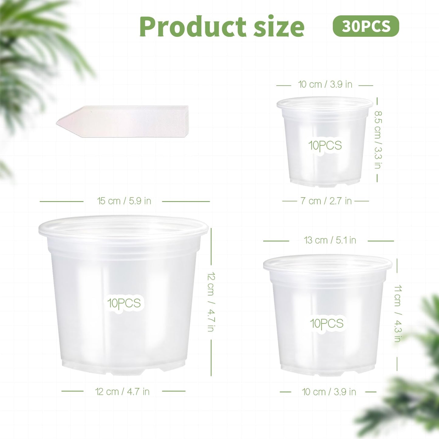 JOBVERT 4/5/6Inch Nursery Pot,30 Pack Clear Pots with Drainage, Plastic Pots for Planting Vegetables Flowers Seedlings