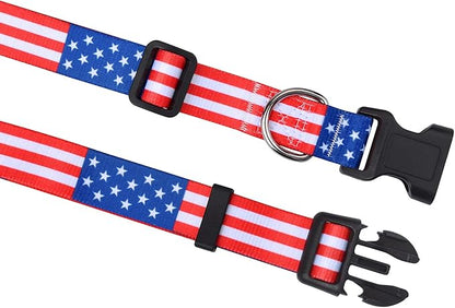 Mihqy American Flag Dog Collar and Leash Set- Patriotic, US Flag Pattern, Star & Stripes, Fourth of July Dog Collar, Adjustable for Small Medium Large Dogs(Classic US Set,M)