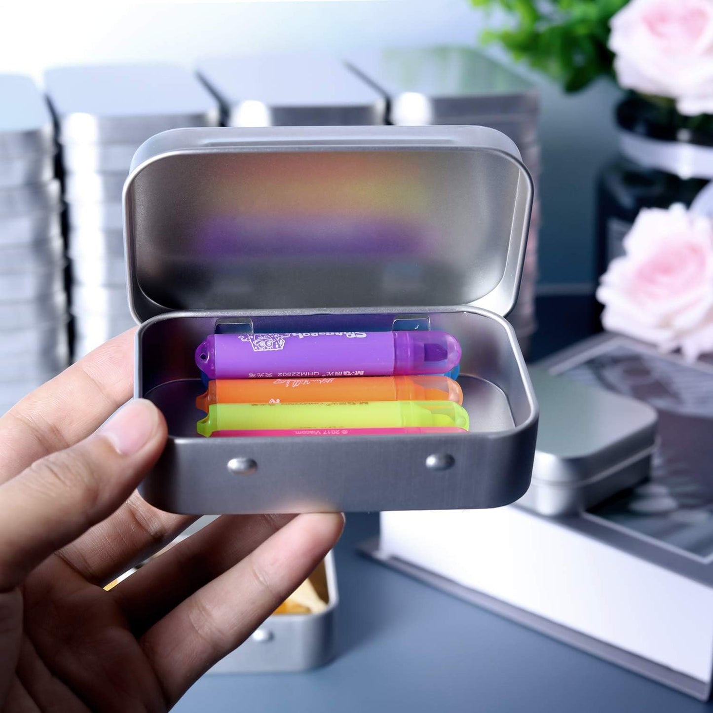 Metal Rectangular Empty Hinged Tins - Pack of 40 Silver Mini Portable Box Small Storage Kit & Home Organizer with lids craft containers 3-1/2''X2-1/2''X4/5''