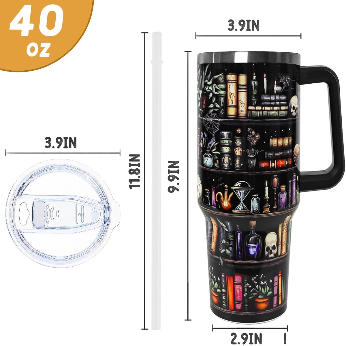 Nqhsionv Book Lovers Gifts 40oz Halloween Book Lover Tumbler Goth Skull Bookshelf Coffee Travel Mugs Christmas Insulated Cup Gifts for Women Readers,Reading,Bookish,Librarian