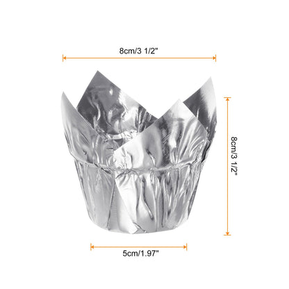 HARFINGTON 150Pcs Tulip Cupcake Liners Standard Aluminum Foil Baking Cups Greaseproof Wrappers Disposable for Birthday Banquets Party, Silver Tone