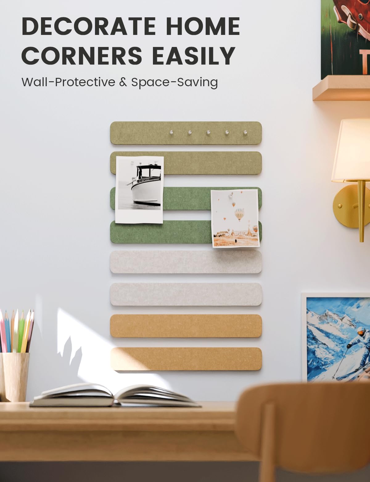 Fluxynara Cork Board Alternative Felt Strip Board 8-Pack 13"x2", Office Pin Board with 50 Push Pins, Adhesive Install for Bedroom Door & Home Office (Olive Grove)