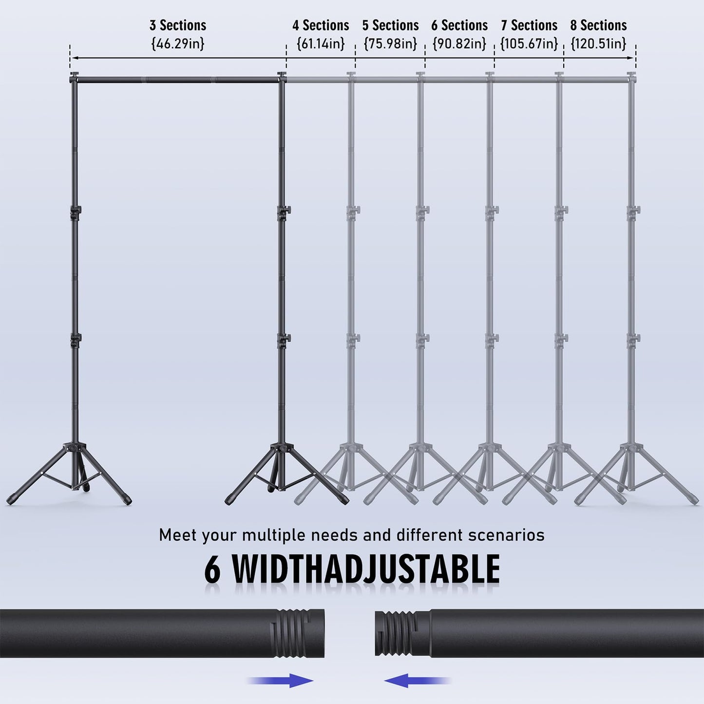 Backdrop Stand Kit - 6 Widths, 10x7.5ft Adjustable Background Stand for Parties & Studio Photography