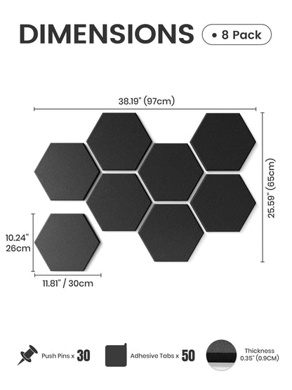 Fluxynara Hexagon Cork Board Alternative for Walls Decor-8-Pack Felt Bulletin Board Tiles,with 30 Pushpins,50 Adhesive Tabs for Office,Classrooms & Home Pin Board Felt Board-Black