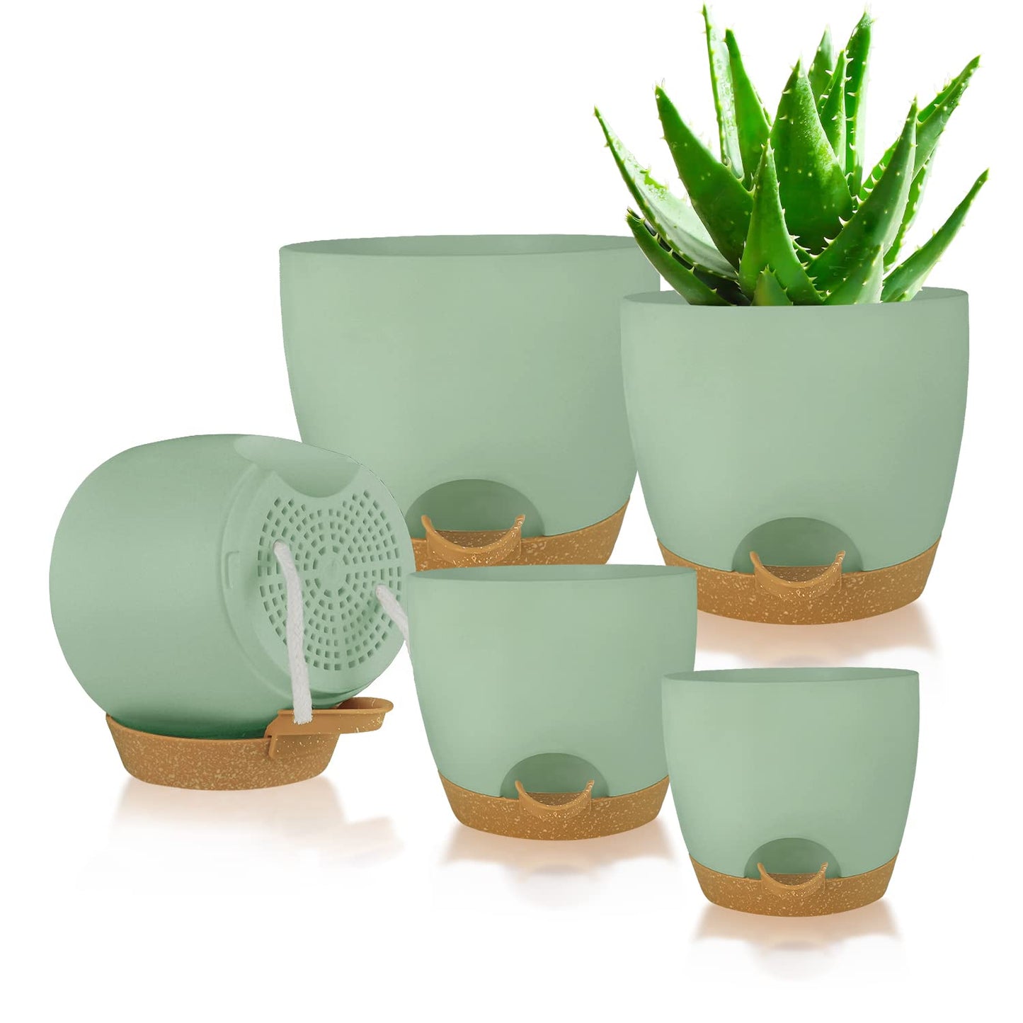 Self Watering Planters with Drainage Holes Reservoir,Nursery Planting Pot for Indoor Decor Garden Plants Succulents,Snake Plant, African Violet,Plastic Flower Pots Set 7+6.5+6+5.5+5 Inch (Green)