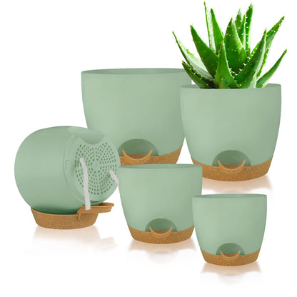 Self Watering Planters with Drainage Holes Reservoir,Nursery Planting Pot for Indoor Decor Garden Plants Succulents,Snake Plant, African Violet,Plastic Flower Pots Set 7+6.5+6+5.5+5 Inch (Green)