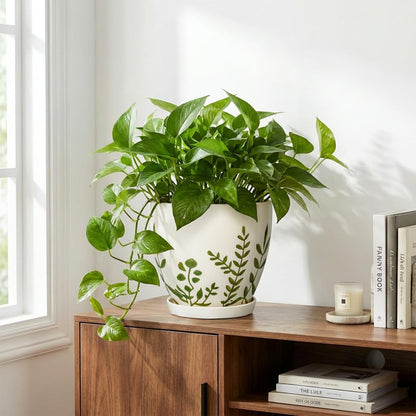 MPotTo Ceramic Pot for Plants 8.2 Inch - Indoor Plant Pot with Drainage Hole and Saucer, Decorative Boho Round Outdoor Planter, Gardening Gifts for Women Men, Room Patio Office Home Decor, White