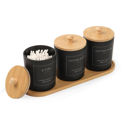3 Pack Qtip Holder - Bathroom Organizers and Storage, Cotton Round Pad Dispenser Floss Pick Holder with Tray, Glass Apothecary Jars with Lids, Cotton Ball Container - Black
