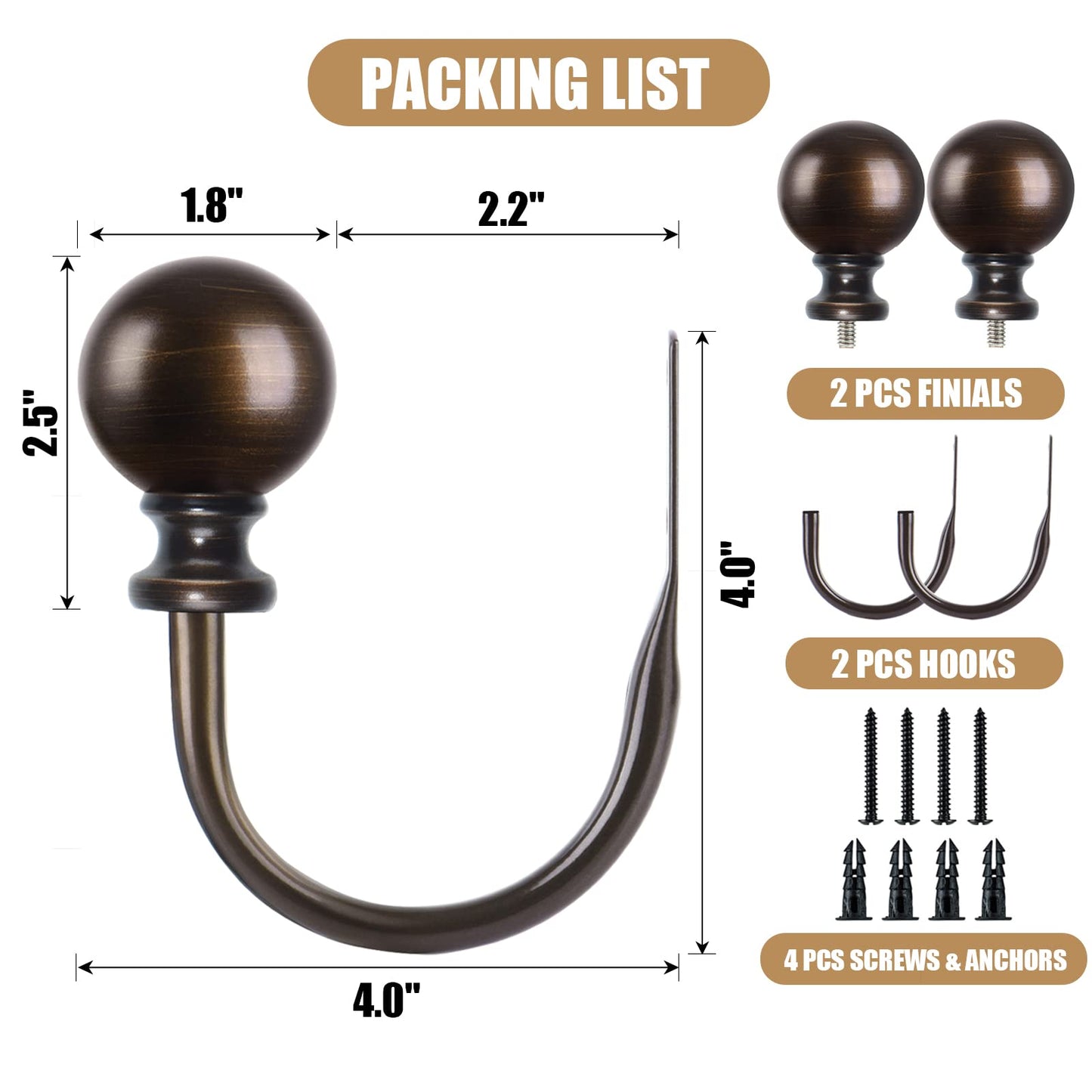 KAMANINA Curtain Holdbacks, Decorative Curtain Tiebacks Wall Mounted with Round Finials, Metal Window Treatment Holdbacks with Screws, Bronze Curtain Hooks for Drapes (1 Pair/2 Pack, Small)