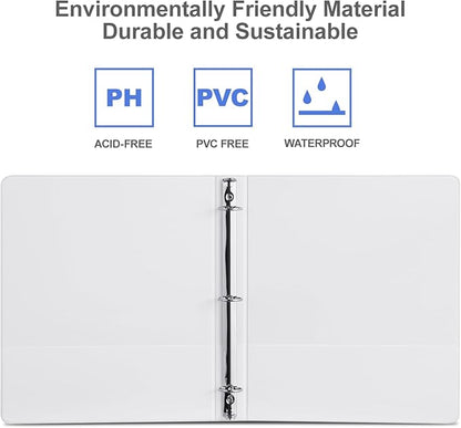 3 Ring Binder 1/2 Inch, ViVin Sturdy 0.5"-Round Ring Binder with 2 Interior Pockets, Clear View Cover, PVC-Free, Fits 100 Sheets of 8.5'' x 11'' Paper, Office Home School (12 Pack, White)