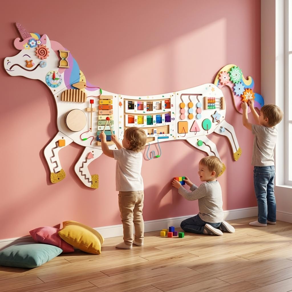 5FT Large Unicorn Activity Wall Busy Board Panels Wooden Learning Activity Center Montessori Sensory Wall Panel for Kids Interactive Educational Toy for Playroom Daycare Nursery Classroom Decor Gift