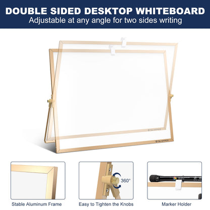 TSJ OFFICE Small White Board - 12 X 16 Inches Small Magnetic Dry Erase Board with Hooks for Wall, Desktop Whiteboard Stand 360 Degrees Revolving Double Sided for Office, Home, School, Gold