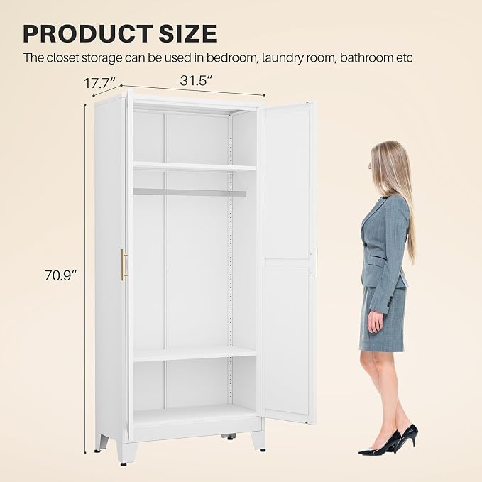 winiowa Metal Armoire Wardrobe Closet with 2 Doors, 71" Wardrobe Cabinet with Adjustable Shelves and Hanging Rod, Clothing Storage Cabinet Closet for Bedroom-White