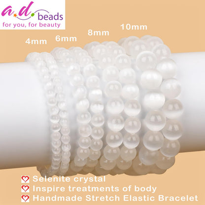 AD Beads Handmade Gemstone Stretch Elastic Bracelet Crystal Healing Reiki Nature's Beauty and Spiritual Essence Unisex (4mm, Selenite Crystal (Inspire Treatments))