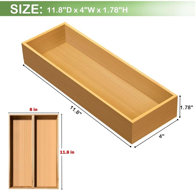 guiogc Bamboo Drawer Silverware Organizer, Utensil Organizer, Bamboo Storage Box Wood Silverware Tray for Drawer Set of 2