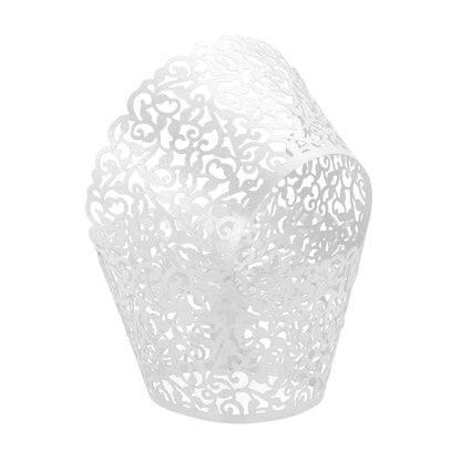 HARFINGTON 50 Pcs Lace Cupcake Liners Standard Vine Designed Hollow Out Cupcake Wraps Artistic Bake Cake Paper Cups for Anniversary Birthday Weddings Parties, White