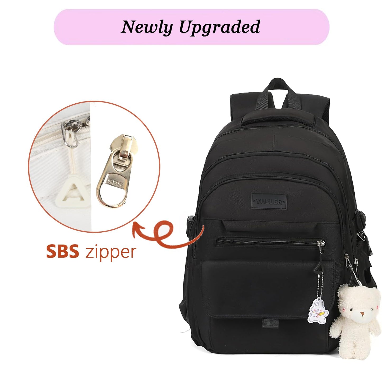 PRLINJSK Girls Backpack for College High Middle School Student, Cute Aesthetic Bookbag for Teens Women with Accessories,Black