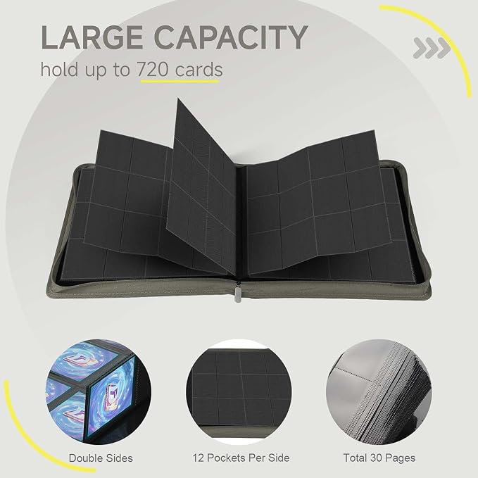 Trading Card Binder with Zip,12 Pockets Card Binder,720 Double Sided Pocket Card Collection Binder,Card Album Card Folder for MTG,TCG,Sports Cards,Game Cards,Grey