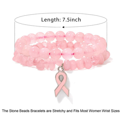 GolbalJew Breast Cancer Awareness Bracelets for Women Pink Ribbon Charm Rose Quartz Beads Bracelet Natural Stone Breast Cancer Encouragement Jewelry Gifts