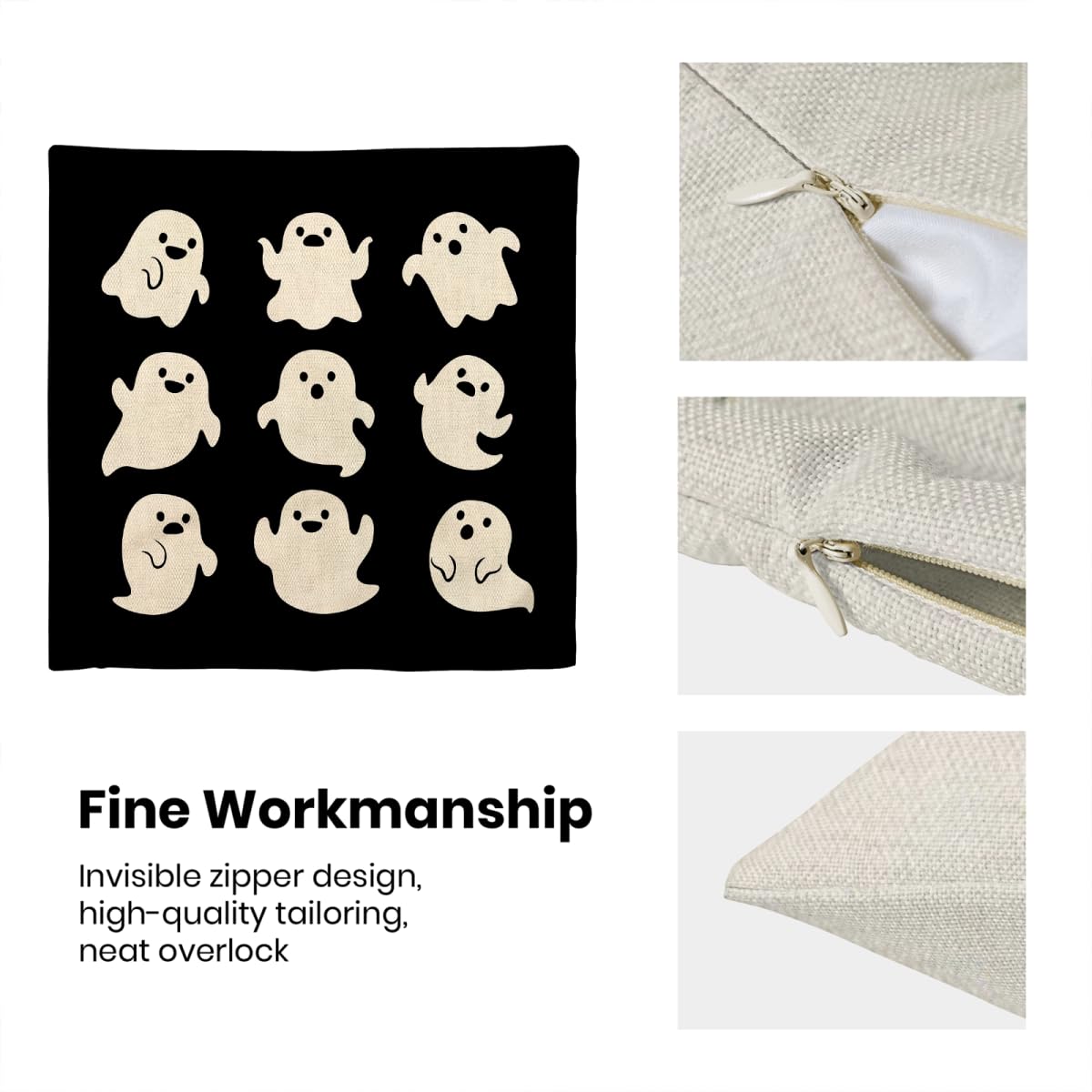 Sorktse Halloween Pillow Covers 18 x 18 Inch Set of 2 Cute White Ghost Throw Pillows Outdoor Decorative Holiday Black Pillowcases Linen Cushion Cases for Farmhouse Home Bed Sofa Couch