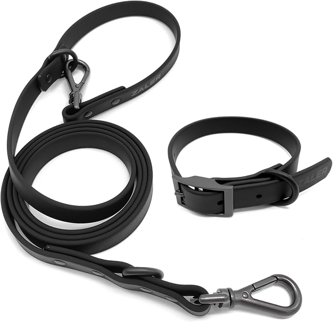 ZALER Dog Collar and Leash Set, Waterproof Adjustable Odor Proof Pet Collars Leashes Easy to Clean, 6FT Dog Leash with 2 Hooks for Large, Medium Small Dogs (L, Black)
