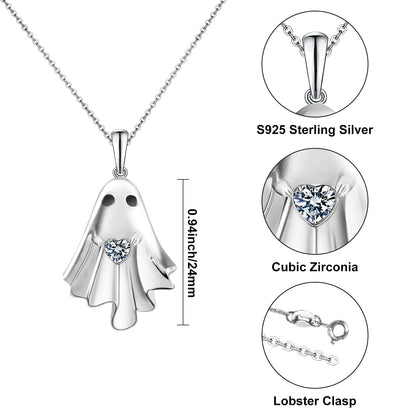 Halloween Ghost Necklace for Women S925 Sterling Silver Spooky Ghost Pendant With Heart Cz for Women Halloween Jewelry Gift