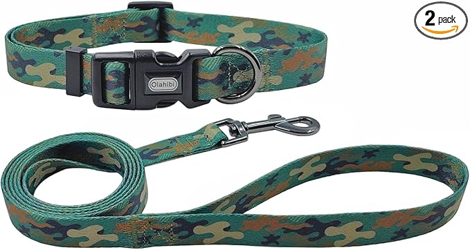 Dog Collar Leash Set, Camouflage Pattern, Polyester Material, Adjustable Collar and 5ft Matching Leash, for Small Dogs.(S, Green Camo)