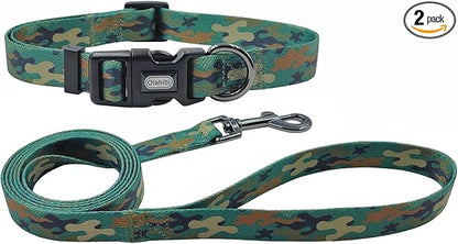Dog Collar Leash Set, Camouflage Pattern, Polyester Material, Adjustable Collar and 5ft Matching Leash, for Small Dogs.(S, Green Camo)